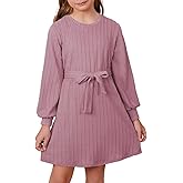 DOKOTOO KIDS Girls Fall Long Sleeve Textured Dress Casual Crewneck Belted A Line Dresses 7-15 Years