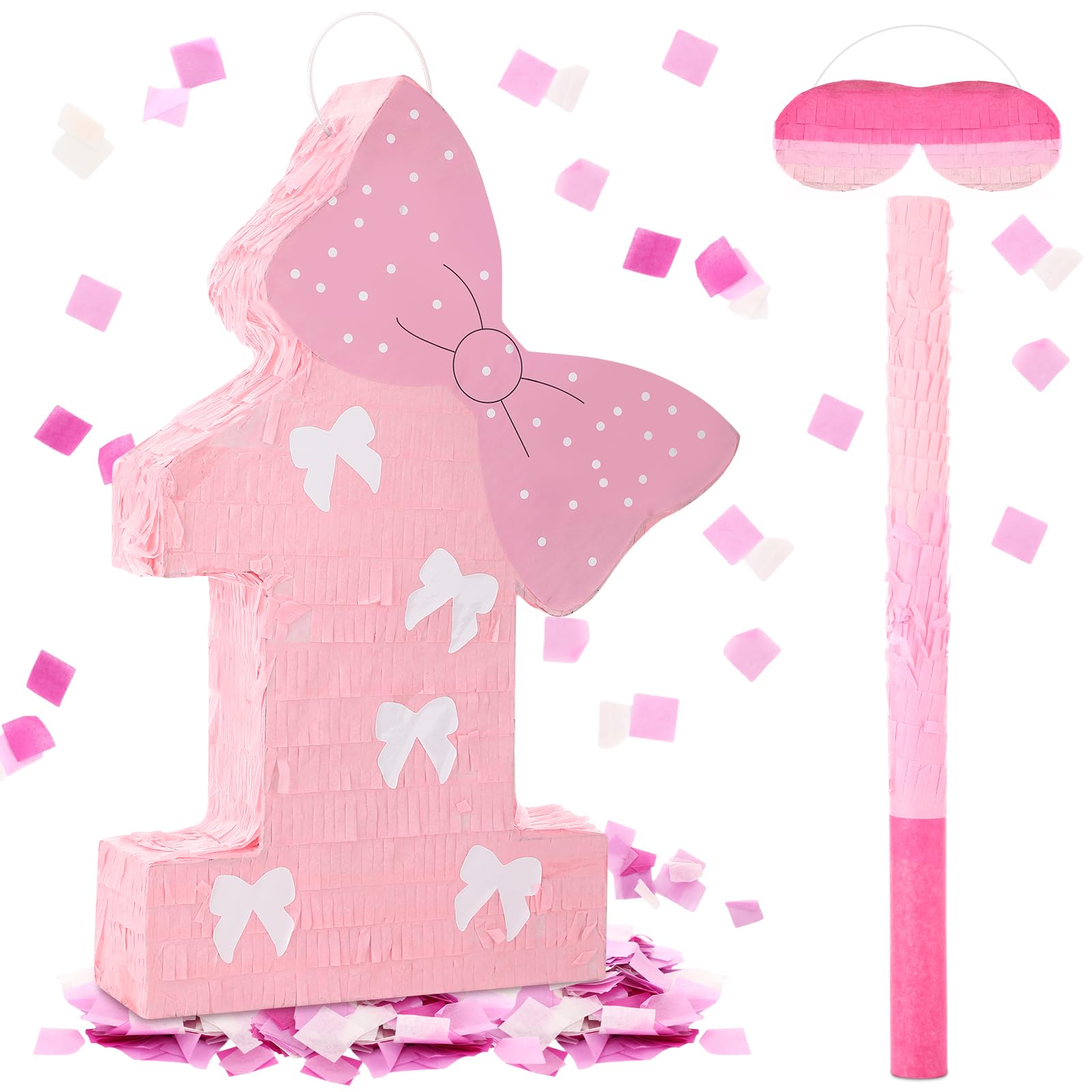 Photo 1 of VioraWhite Number 1 Pinata Pink One Piñata with Bow 1st Birthday Decorations with Stick Blindfold for Girls Birthday Decoration Anniversary Supplies