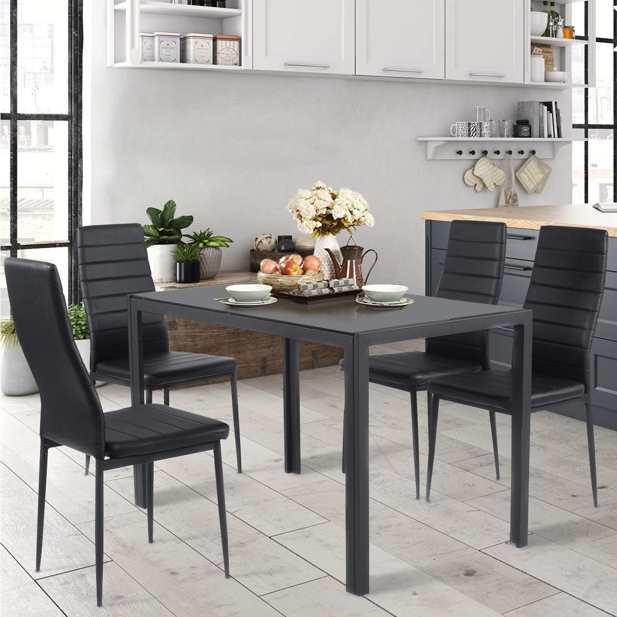 Giantex 5 Piece Kitchen Dining Table Set with Glass Table Top Leather Padded 4 Chairs and Metal Frame Table for Breakfast Dining Room Kitchen Dinette, Black - Table & Chair Sets