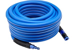 SYXQT Hybrid Air Hose 3/8-Inch x 50FT，Air Compressor Hose 300 PSI Heavy Duty, Lightweight, Kink Resistant, All-Weather Flexibility with 1/4-Inch Industrial Air Fittings and Bend Restrictors,Dark Blue