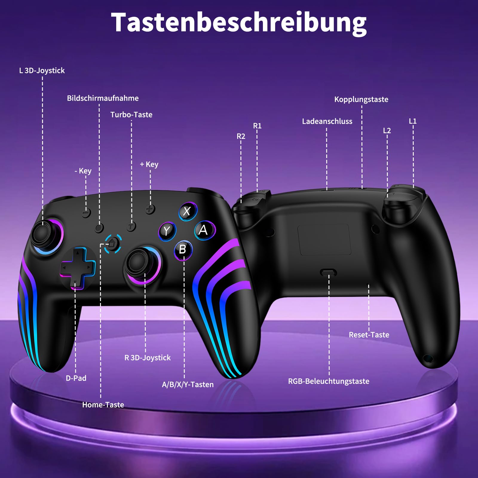 Reddening Switch 2 Controller 2 Stück mit Ladestation, Switch Controller für Switch 2/Switch/Lite/OLED/PC, Switch 2 Pro Controller mit RGB/Wake-up/Gyro-Achse/Dual-Vibration/Turbo/Screenshot 2