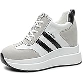 AONEGOLD Platform Sneakers with High Hidden Heel, Wedge Sneakers, Leather Upper, Fashion Lace-ups, Increasing 3.94 inches