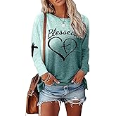 Women's Blessed Letter Print Long Sleeve Tshirt Casual Oversized Faith Jesus Love Cross Creneck Pullover Top