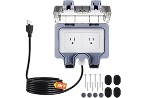 Kanayu Outdoor Outlet Box with 15ft Extension Cord, Dual 15 AMP 5-15 Receptacles Weatherproof Waterproof IP66 Outdoor Exterior Socket with Cover, 14 AWG/3C SJTW Cord