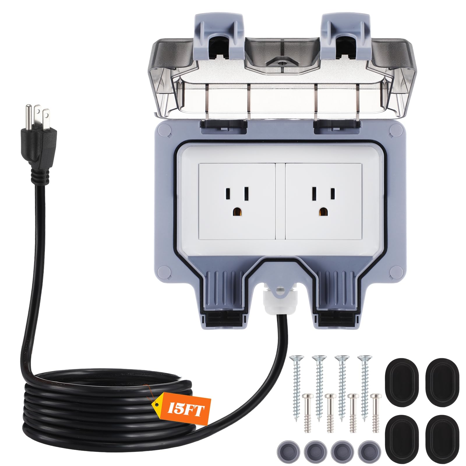 Photo 1 of Kanayu Outdoor Outlet Box with 15ft Extension Cord, Dual 15 AMP 5-15 Receptacles Weatherproof Waterproof IP66 Outdoor Exterior Socket with Cover, 14 AWG/3C SJTW Cord