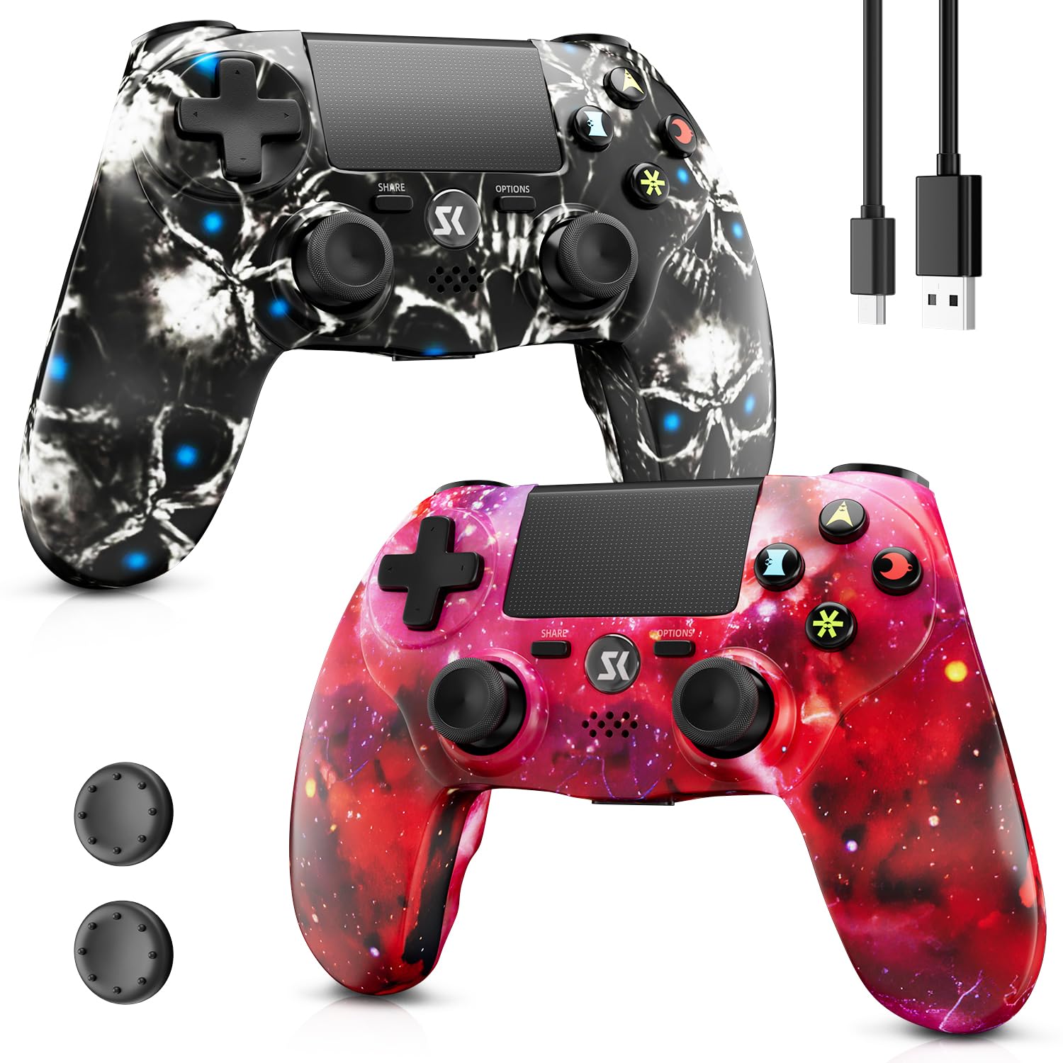 Wireless Controller for PS4, 2 Pack Controllers for PS4 with Double Vibration/6-Axis Sensor/Touch Pad/Headphone Jack, Ergonomic Non-Slip Grip Compatible with PlayStation 4/Slim/Pro (Skull & Red)