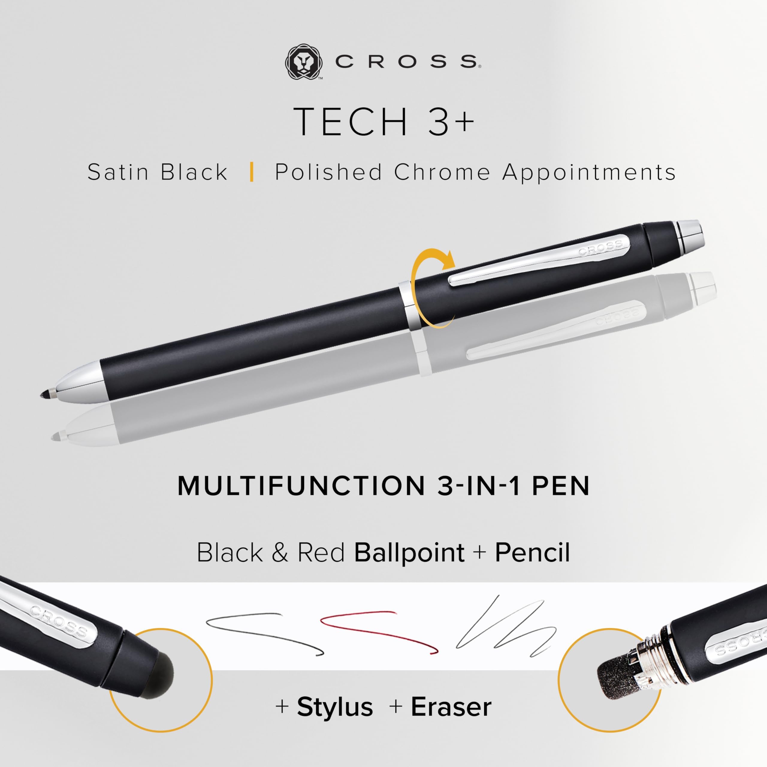 Cross Tech3+ Engraved Refillable Multi-Function Ballpoint Pen with Stylus, Medium Ballpen And Pencil, Includes Premium Gift Box - Satin Black