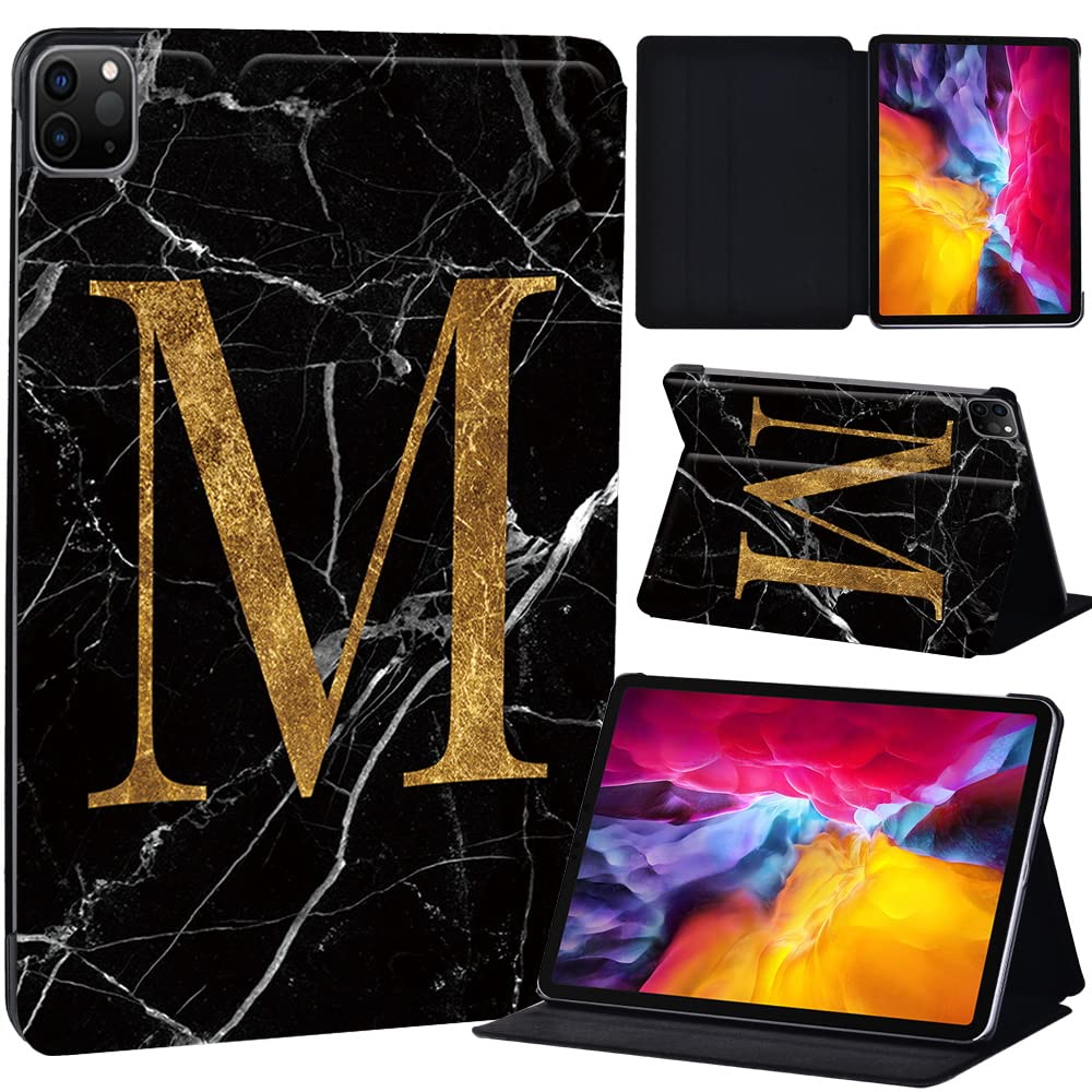 PU Leather + hard shell Ultra slim lightweight Folio Flip Tablet Stand Smart Cover Case Fit iPad Air 4 10.9" (2020) / iPad Pro 11" (2018 2020 2021) (letter M on black marble)