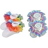 Hopply Toddler Girls Double Lace Socks Turn Cuff Shimmering Big Ruffle Rainbow Style Dress Lace Socks for Infant Kids