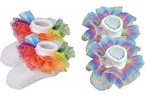 Hopply Toddler Girls Double Lace Socks Turn Cuff Shimmering Big Ruffle Rainbow Style Dress Lace Socks for Infant Kids