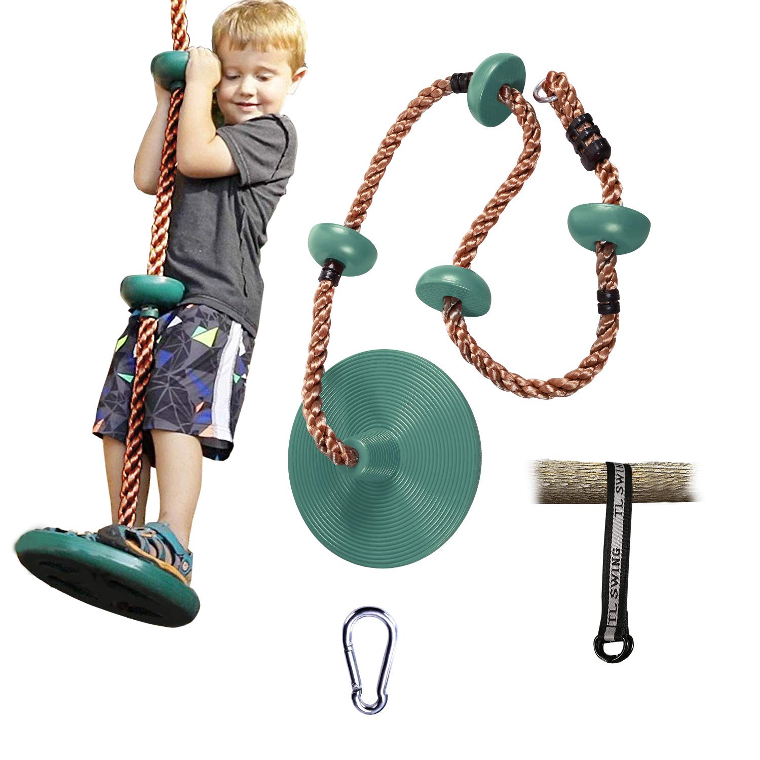 REDCAMP Climbing Rope Tree Kids Swing with Platforms and Disc Seat, Heavy Duty Plastic Disc Swing Seat for Child and Adults with 6.5ft Tree Strap and Snap Hooks, Suitable for Outside Playground,Green
