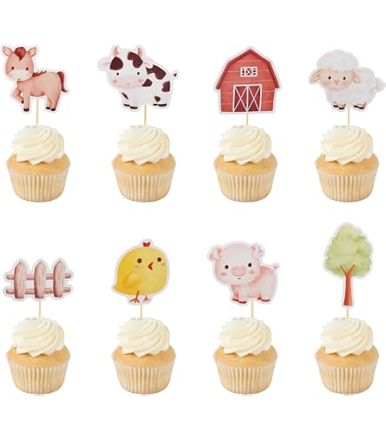 24 PCS Cow Cupcake Toppers - Farm Theme Party Decor For Birthday, Baby Shower, Wedding