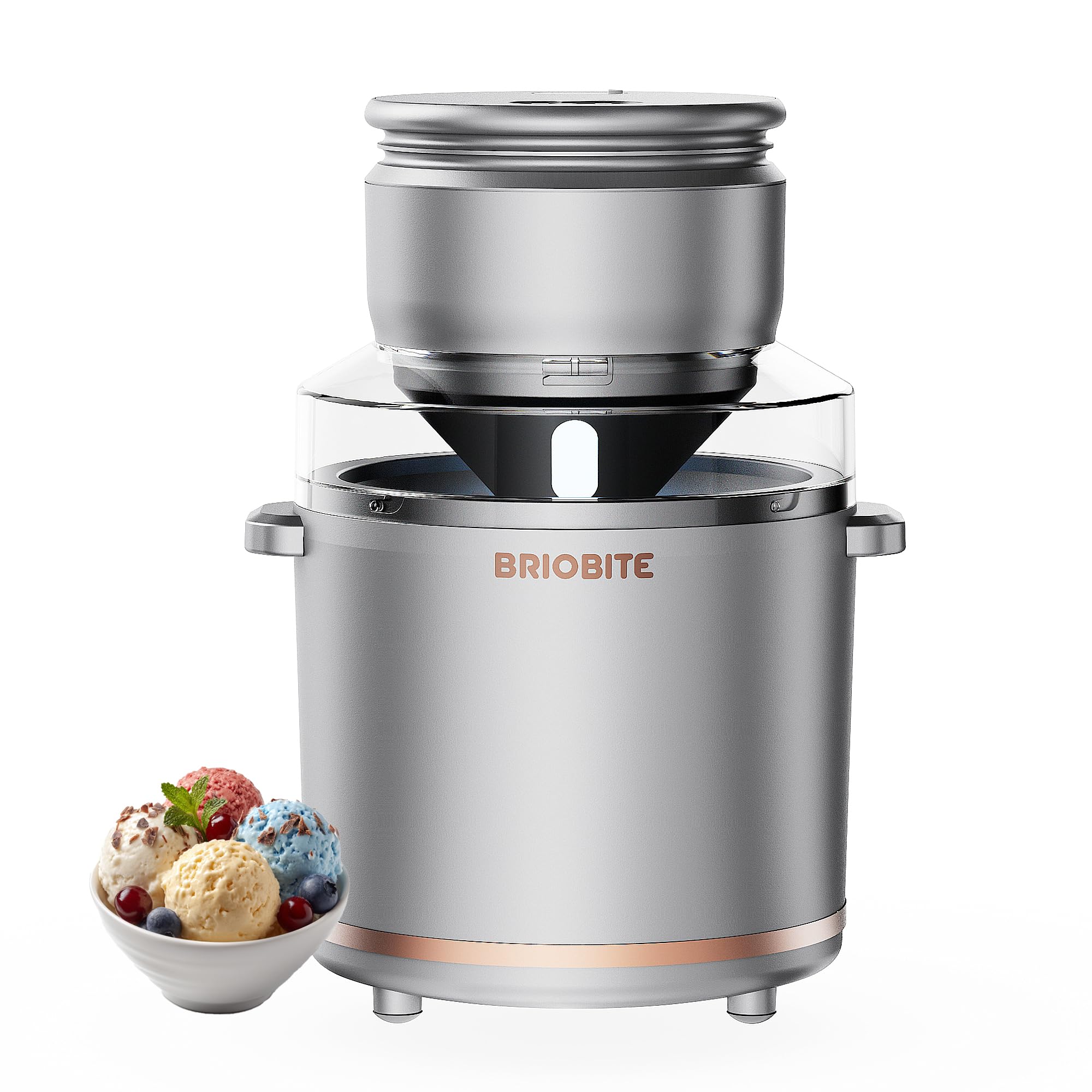 BRIOBITE Máquina para hacer helados de 1,1 cuartos – Máquina eléctrica para helados, batidos y sorbetes, perfecta para 2-3 porciones, fácil de usar y limpiar, plateada