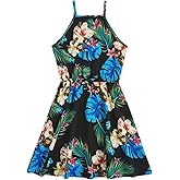 OYOANGLE Girl's Casual Boho Floral Print Sleeveless A-Line Swing Cami Hawaiian Dress Sundress