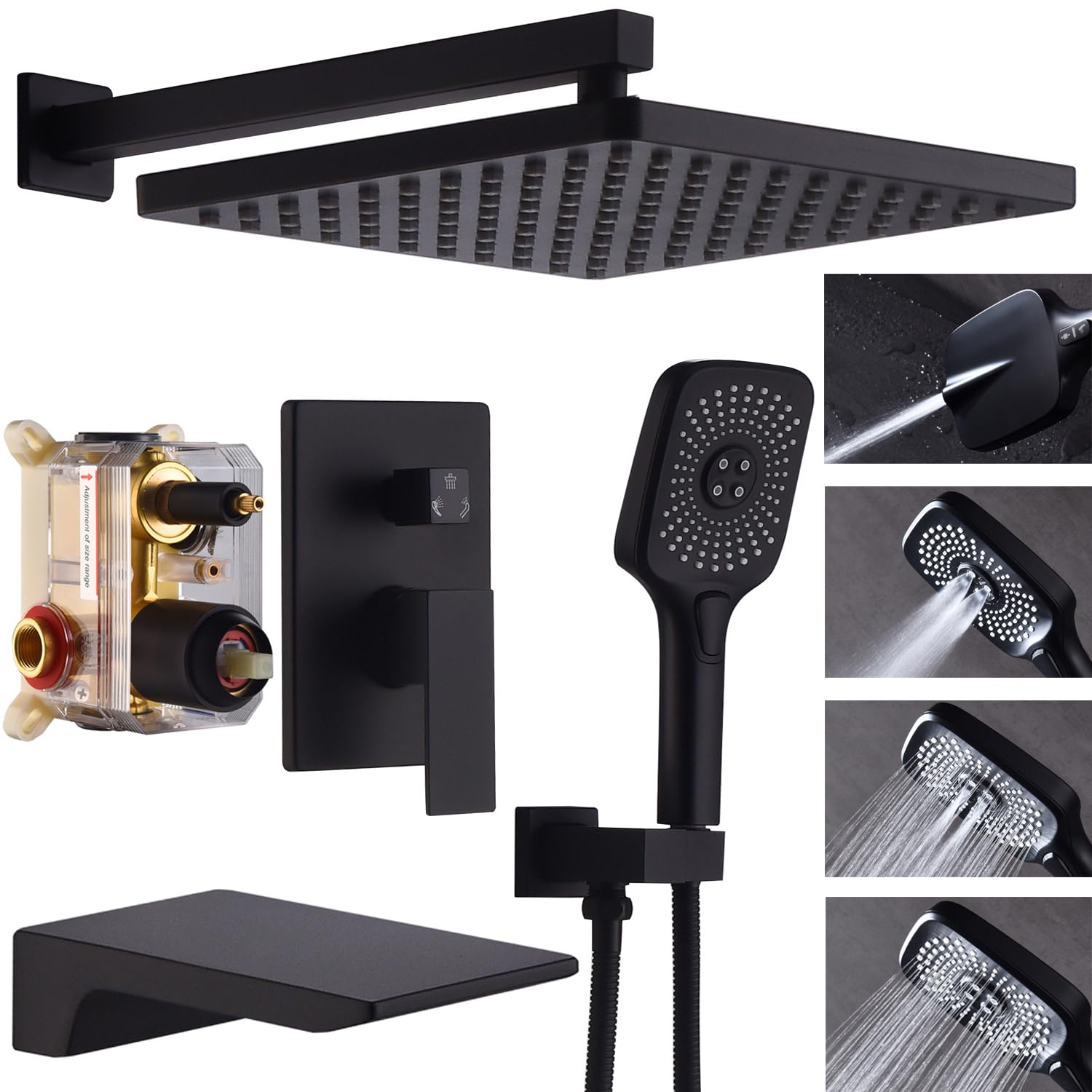 Photo 1 of YESIMI Shower System with Tub Spout 10 Inch Overhead Shower 4 Setting Handheld Spray Rough In Pressure Balance Valve Body with Trim Kit Wall Mounted Rainfall Bathtub Shower Faucet Set (Matte-Black)