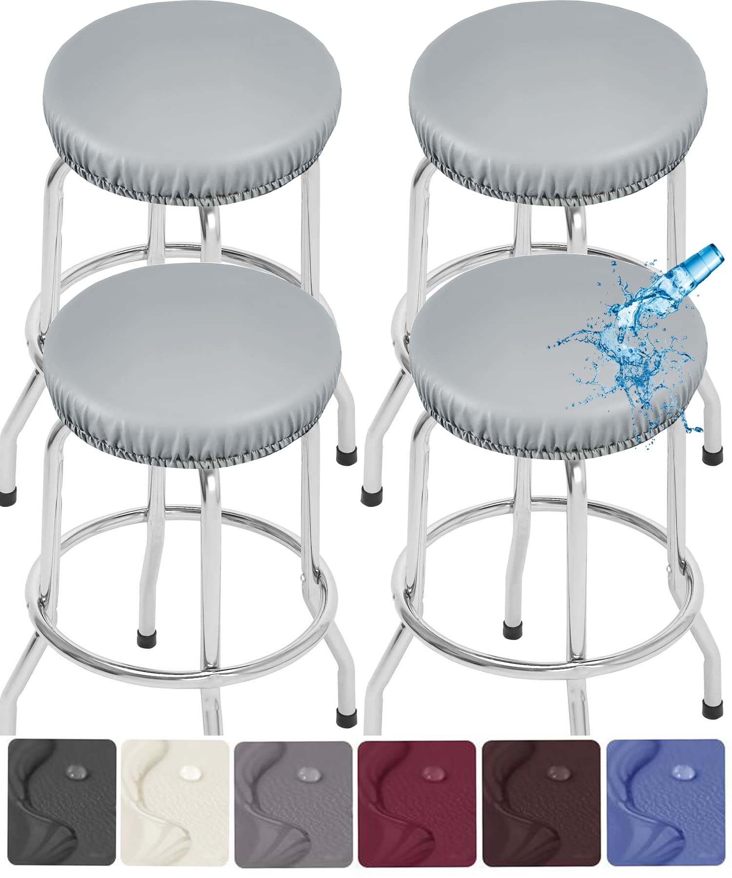 Photo 1 of PU Bar Stool Covers, 4 Pack Stretch Waterproof Removable Washable Round Barstool Covers with Elastic Bands for 13-18 Inch Light Gray
