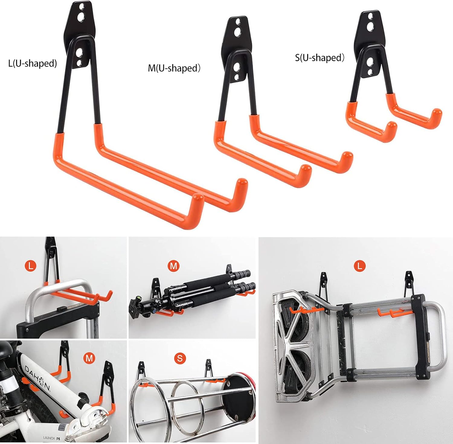 LIIBOT 2 Pack Garage Hooks with Heavy Duty Steel Storage Tool Hangers for Garage Wall Mount Utility Double Hooks with Anti-Slip Coating for Bike Garden Tools Ladders Bulky Items (L, U-Shaped, Orange): Home Improvement