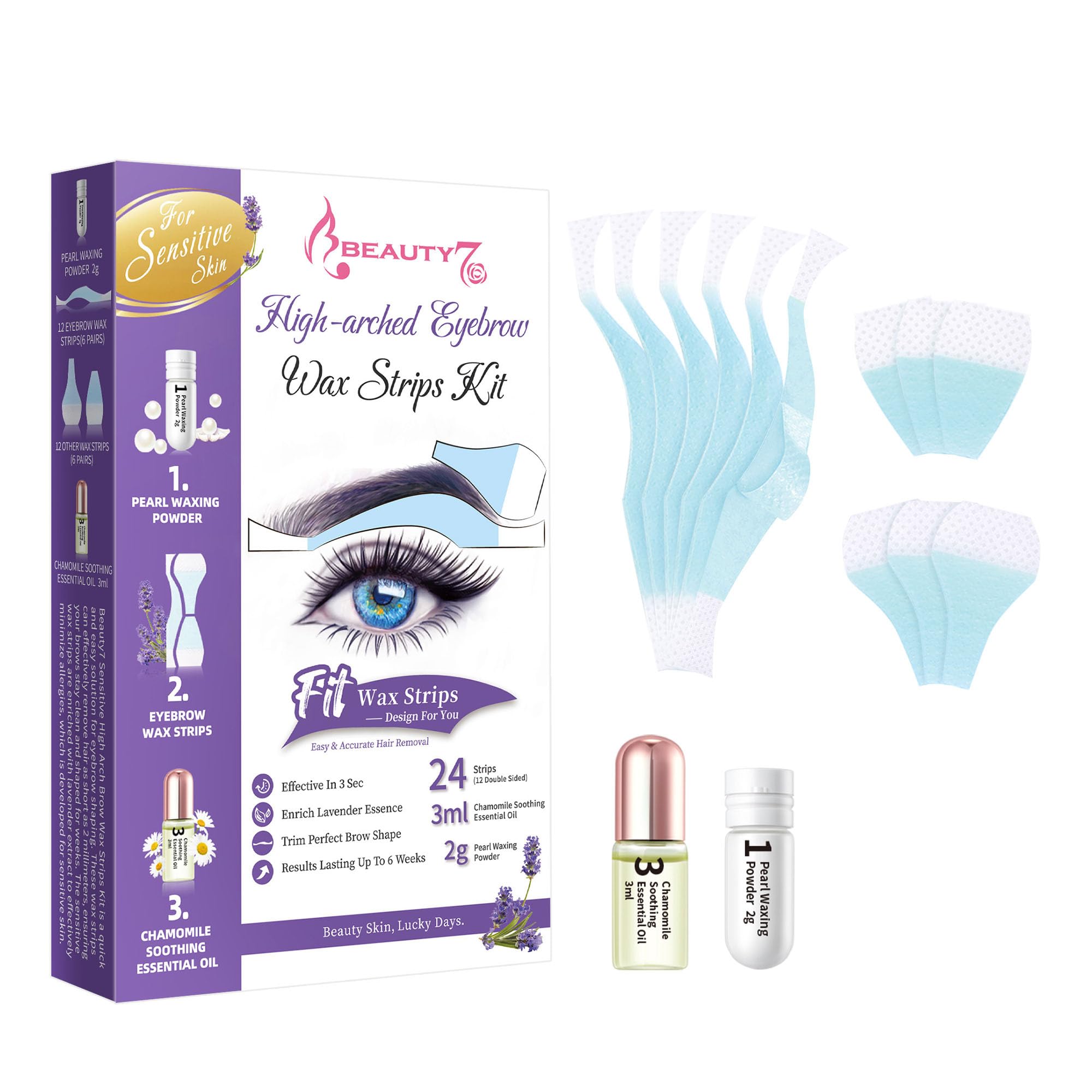Beauty7 Sensitive Eyebrow Waxing Strips, Form High-arched Eyebrow Strips Pre-cut for Face, Quick Hair Removal Facial with 24 Waxing Strips + 3ml Soothing Oil After Wax, 2g Pearl Powder