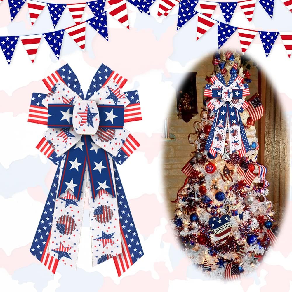 Bows & Ribbons - Hying Large Veterans Day Bows for Wreath, Patriotic Wreath Bows Red Blue White Burlap Bows American Flags Bow Stars and Stripes Farmhouse Craft Bows for Front Door Labor Day Christmas Decorations