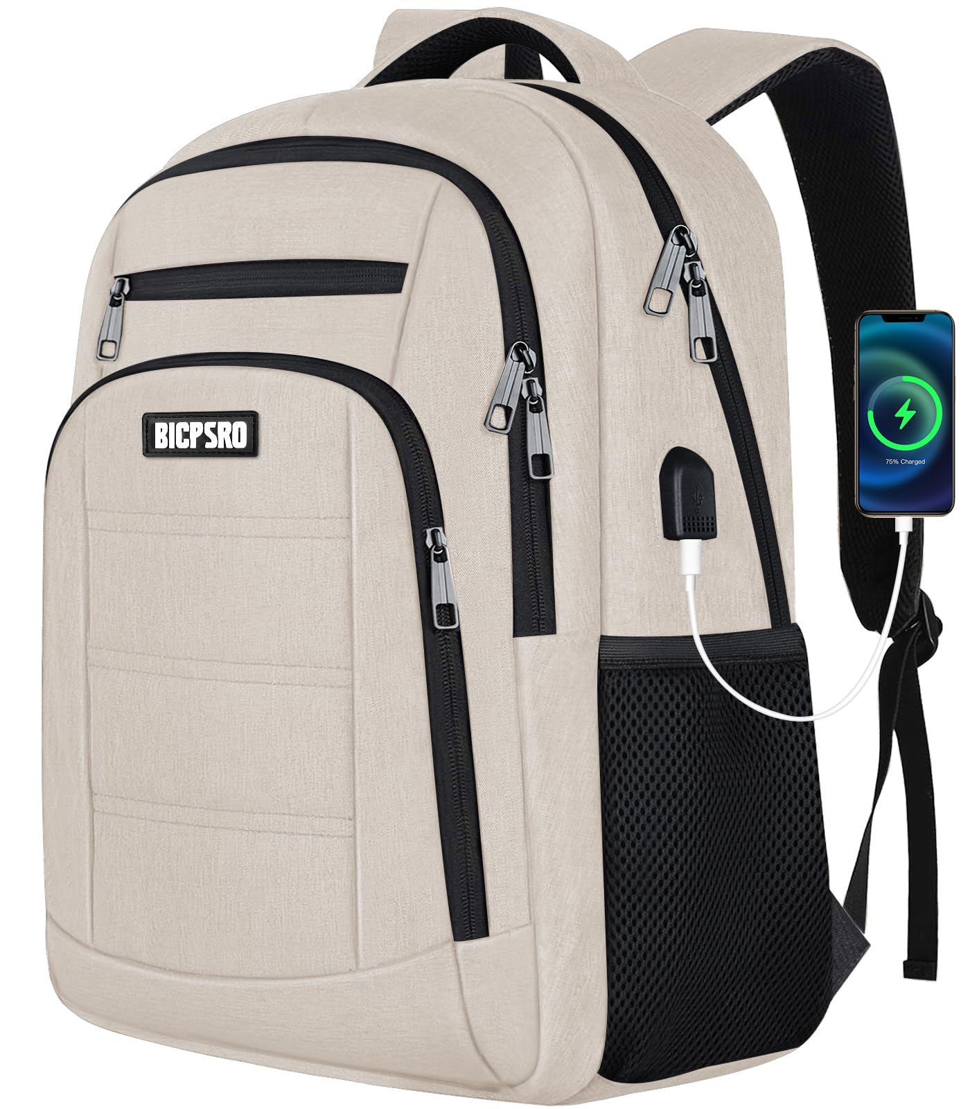 Photo 1 of *Minor Damaged - Check clerk notes*
Beige Backpack for Women, School Backpack for Girls Teens Boys, Work Business Back pack with USB Charging Port,Water Resistant College Computer Bookbag Fits 15.6 Inch Laptop,Back Pack,Mochilas