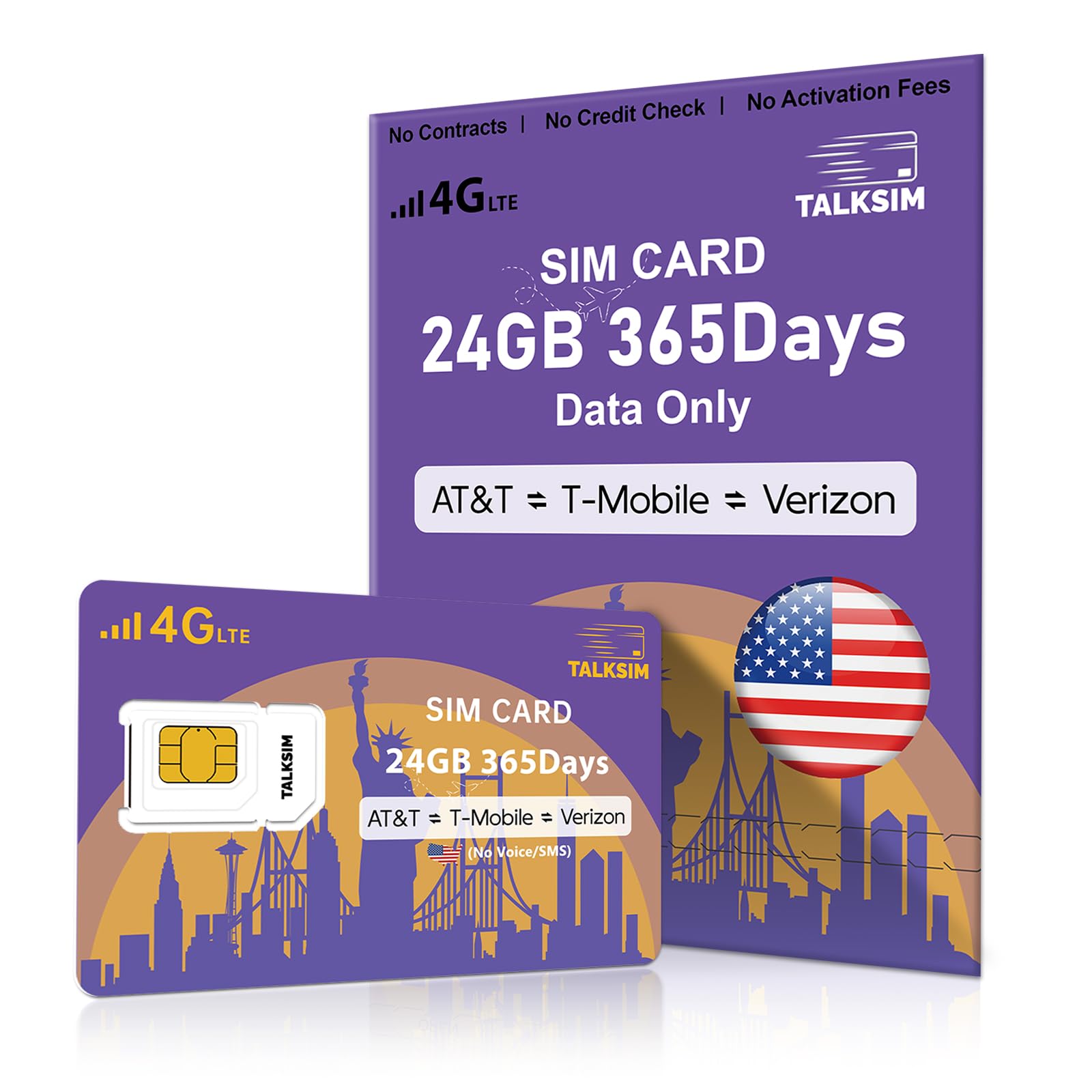 TALKSIM Data SIM Card 24GB 365Days, 4G LTE USA Data Only SIM Card Support AT&T, T-Mobile and Verizon Network, Compatible with Unlocked Security Camera/Trail Hunting/WiFi Mobile Hotspot, No Contract
