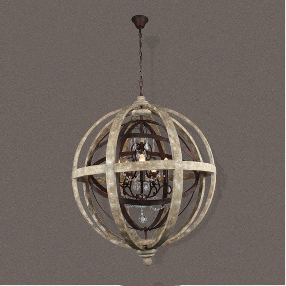 BJVB Retro Industrial Old Wooden Beams Pendant Lights Hotel Works Chandeliers Antique Ship Wooden Beams Round Classical Bar Wooden Globe lamp Crystal Chandeliers