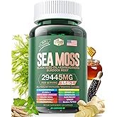 Sea Moss 12000mg Black Seed Oil 6000mg Ashwagandha 3000mg Turmeric 1000mg Bladderwrack 2000mg Burdock 3000mg & Vitamin C & D3 with Elderberry Manuka Dandelion Yellow Dock Iodine Chlorophyll ACV