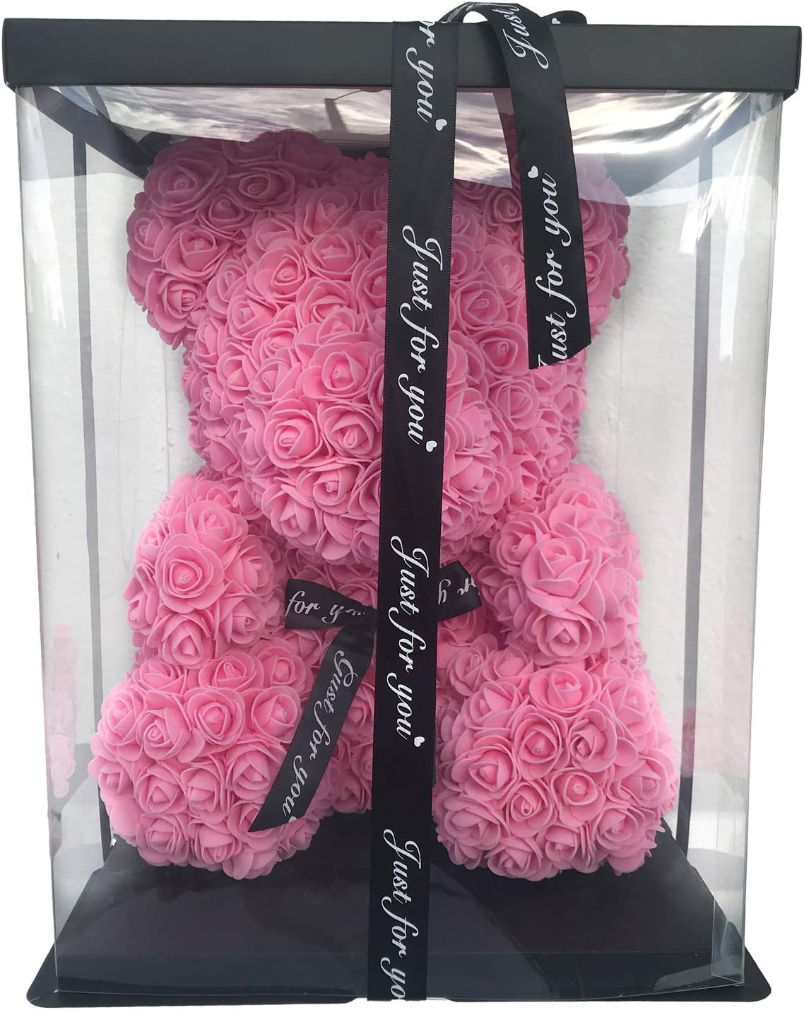Fancy Supplies 16" Teddy Bear Forever Roses Artificial Rose Anniversary Christmas Valentines Gift Red Pink White Blue (16", One Bear + Acrylic Box) (Pink)