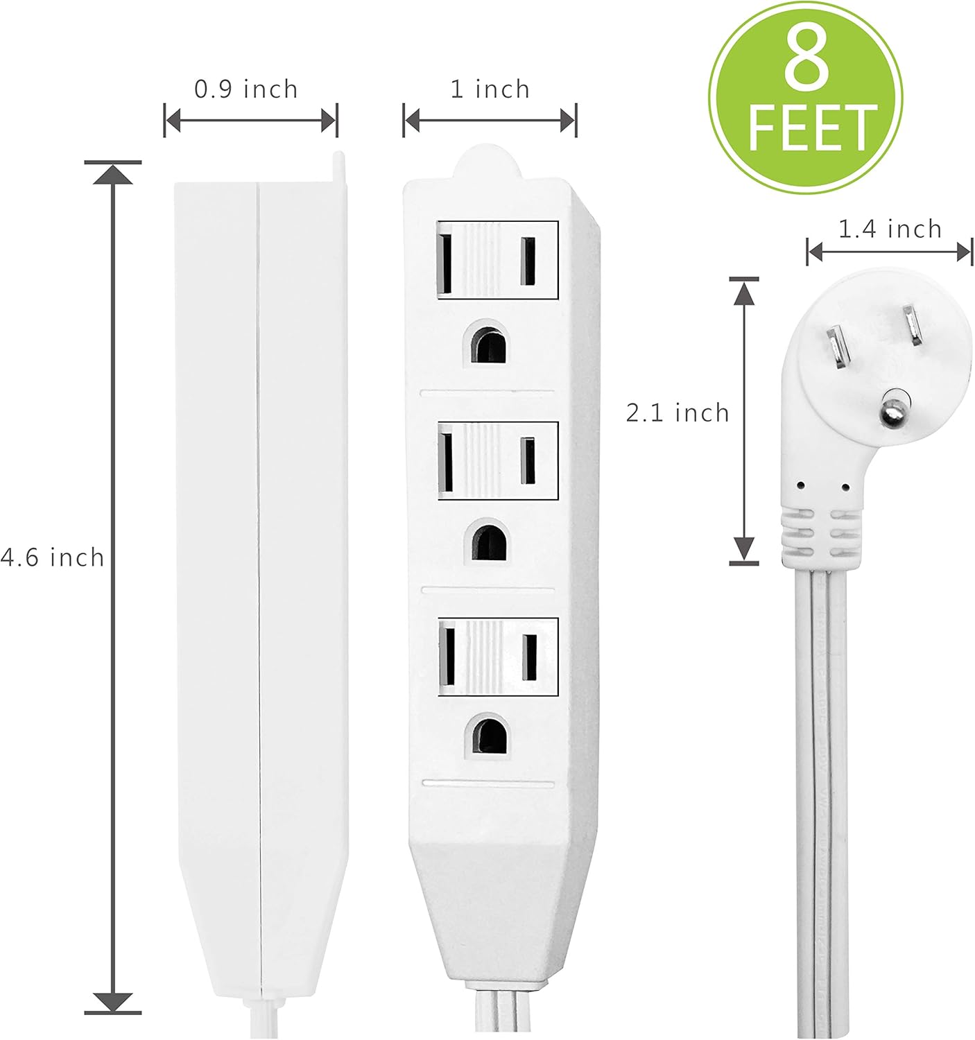 8 Foot Flat Plug Extension Cord, 3 Prong Grounded Wire, Angled Plug, White, UL Listed 2PK - - 