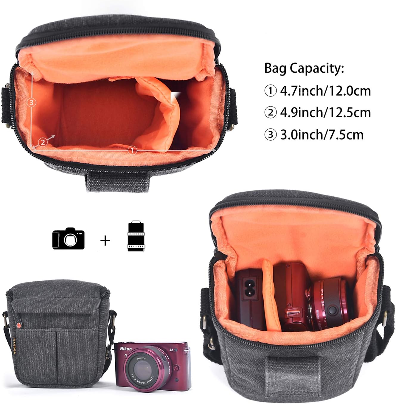 FOSOTO Mirrorless Digital Camera Canvas Bag for Sony A6000 A6100 A5100 RX100 V/Canon EOS M100 SX740 / Fujifilm X100V X100F Shockproof Portable Compact System Camera Shoulder Bags Cases - Image 4