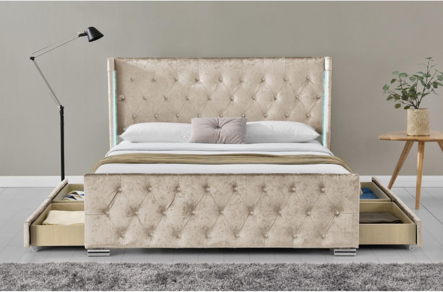 Stylish Space Saving 4 Drawer Chesterfield Bed Wireless LED Mood Lighting (King, Gold)