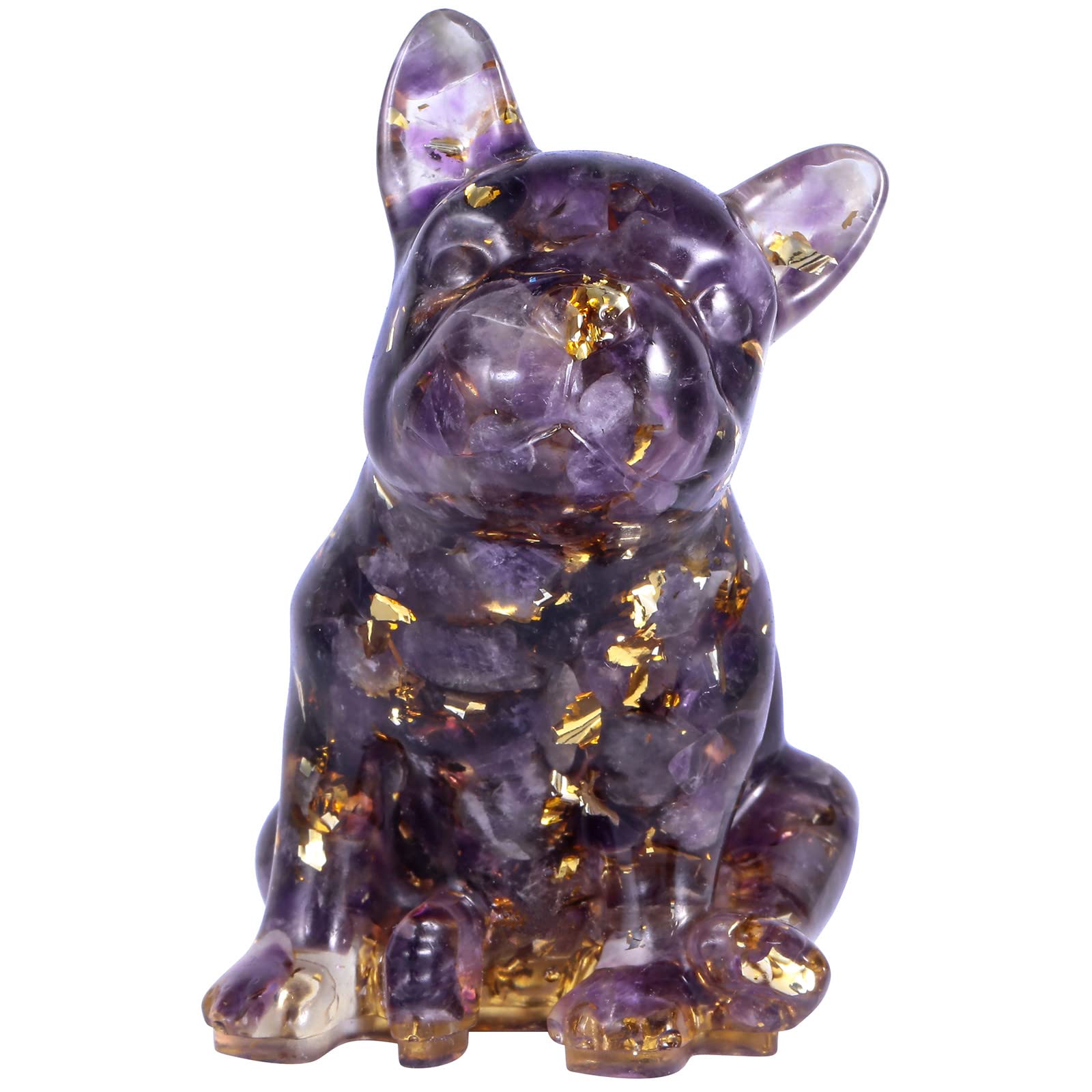Nupuyai Amethyst French Bulldog Carved Crystal Animal Statue Ornament, Energy Healing Stone Pocket Figurine Resin Home Office Decor