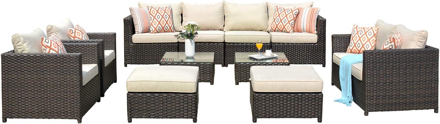 Ovios Patio Furniture Set Big Size Outdoor Furniture 12 Pcs Sets Pe Rattan Wicker Sectional With 4 Pillows And Furniture Cover No Assembly Required 12 Piece Big Size Beige Amazon Co Uk Garden Outdoors