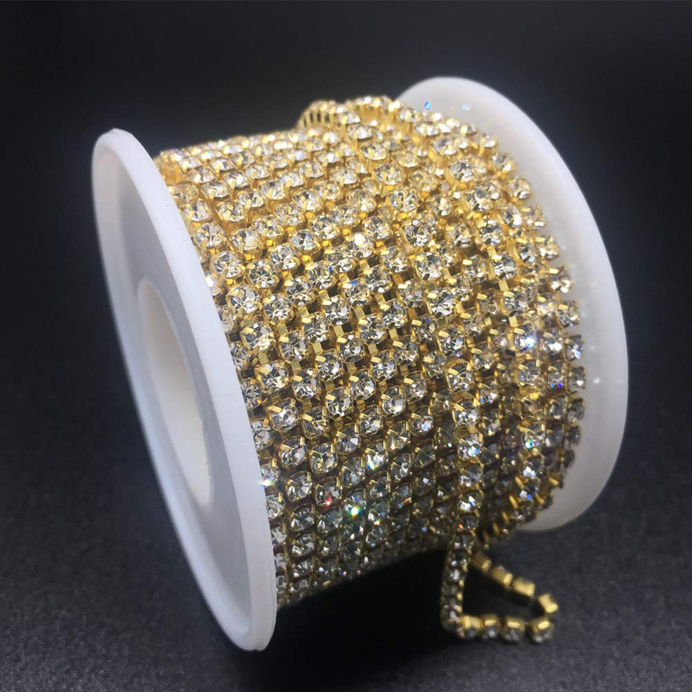 Dowarm 1 Roll 10 Yards Rhinestone Chain, Crystal Rhinestones Close Chain, Sew on Crystal Rhinstone Chain Trim, Crystal Claw Cup Chain Roll (Gold, SS12 3MM)