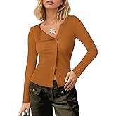 COCCKO Cardigan Sweaters for Women 2026 Asymmetrical Button Up Long Sleeve Shirts Ribbed Crop Tops Spring Fashion Outfits