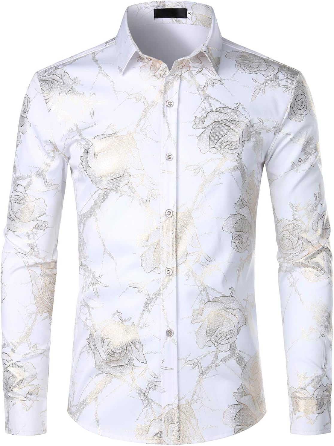 ZEROYAA Men's Nightclub Shiny Golden 3D Rose Printed Slim Fit Button Down Party Dress Shirt