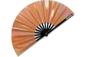 Ravevibes 13" Large Glitter Holographic Rave Hand Fan, Folding Lridescent Festival Edm Clack Fan Foldable for Rave Outfits Accessories Festival, Club, Party, Dance for Men Women, Glitter Orange