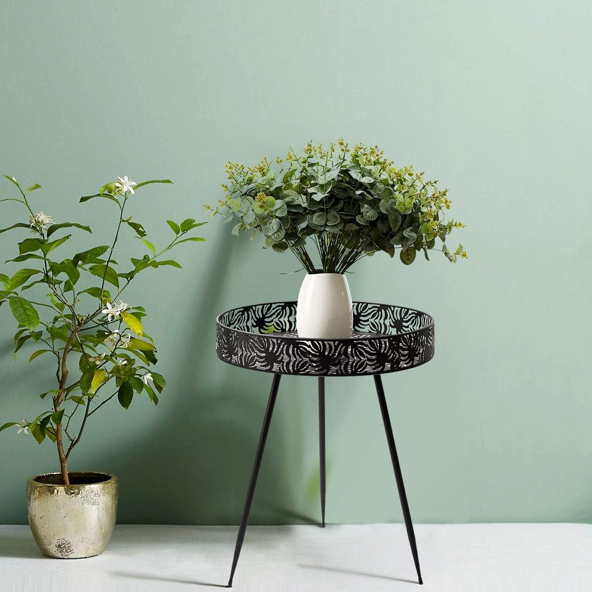 Donosura Side Table Plant Table 16 Inch End Table Indoor Outdoor Coffee Table Perfect for Picnic Food Kitchen Bedroom Graden Patio, Black Metal Round : Garden & Outdoor