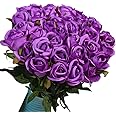 Veryhome Artificial Flowers Silk Roses Fake Bridal Wedding Bouquet for Home Garden Party Floral Decor 10 Pcs (Purple Straight stem)