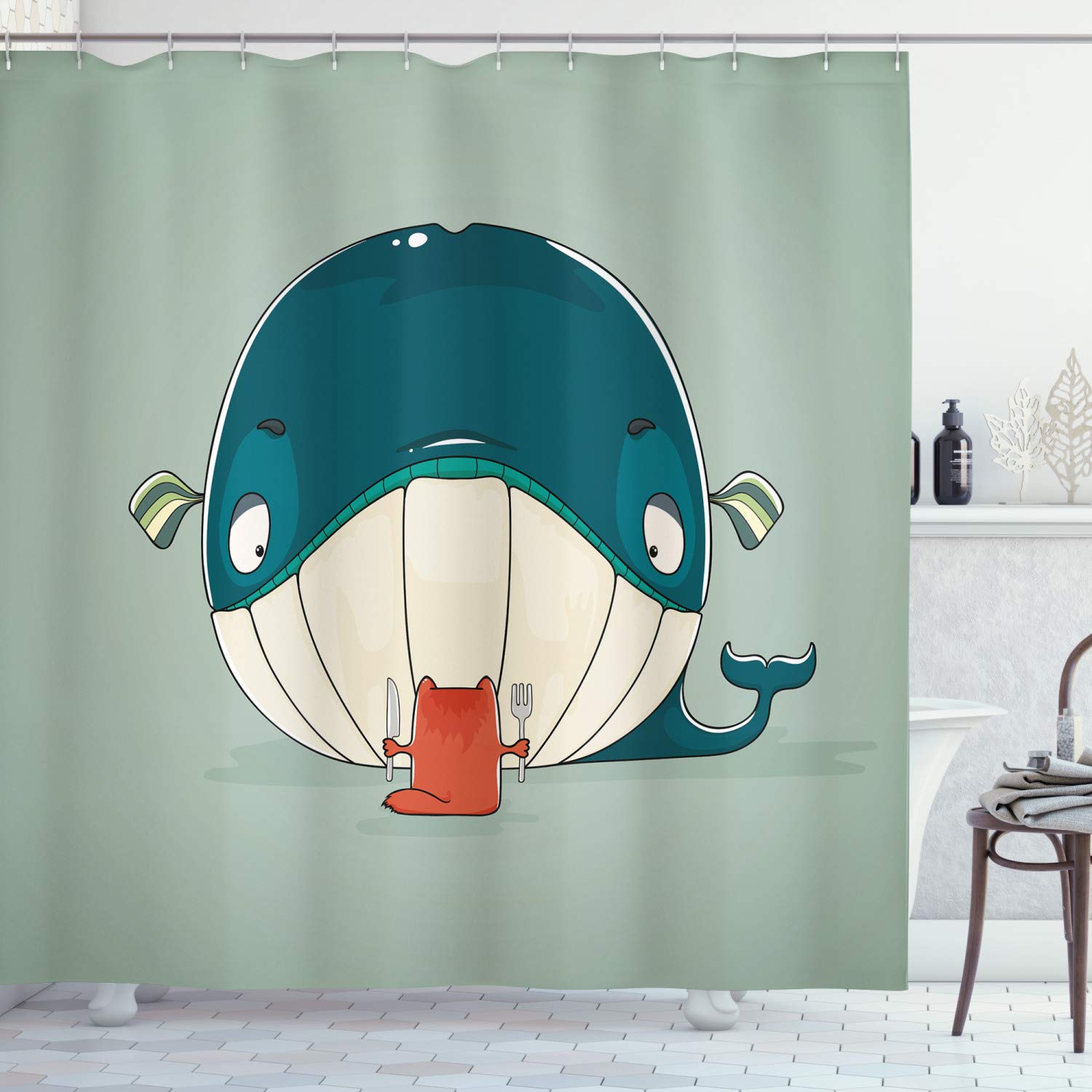 ABAKUHAUS Whale Shower Curtain, Greedy Little Cat Sitting down to Dine on a Huge Fish Dinner of Whale Cartoon, Cloth Fabric Bathroom Decor Set with Hooks, 94 Inches, Almond Green Teal