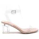 Cape Robbin Wisdom Clear Chunky Block Low Heels For Women, Transparent Strappy Open Toe Shoes Heels For Women
