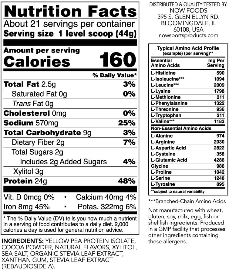 NOW Sports Nutrition, Pea Protein 24 G, Easily Digested, Creamy Chocolate Powder, 2-Pound: Health & Personal Care