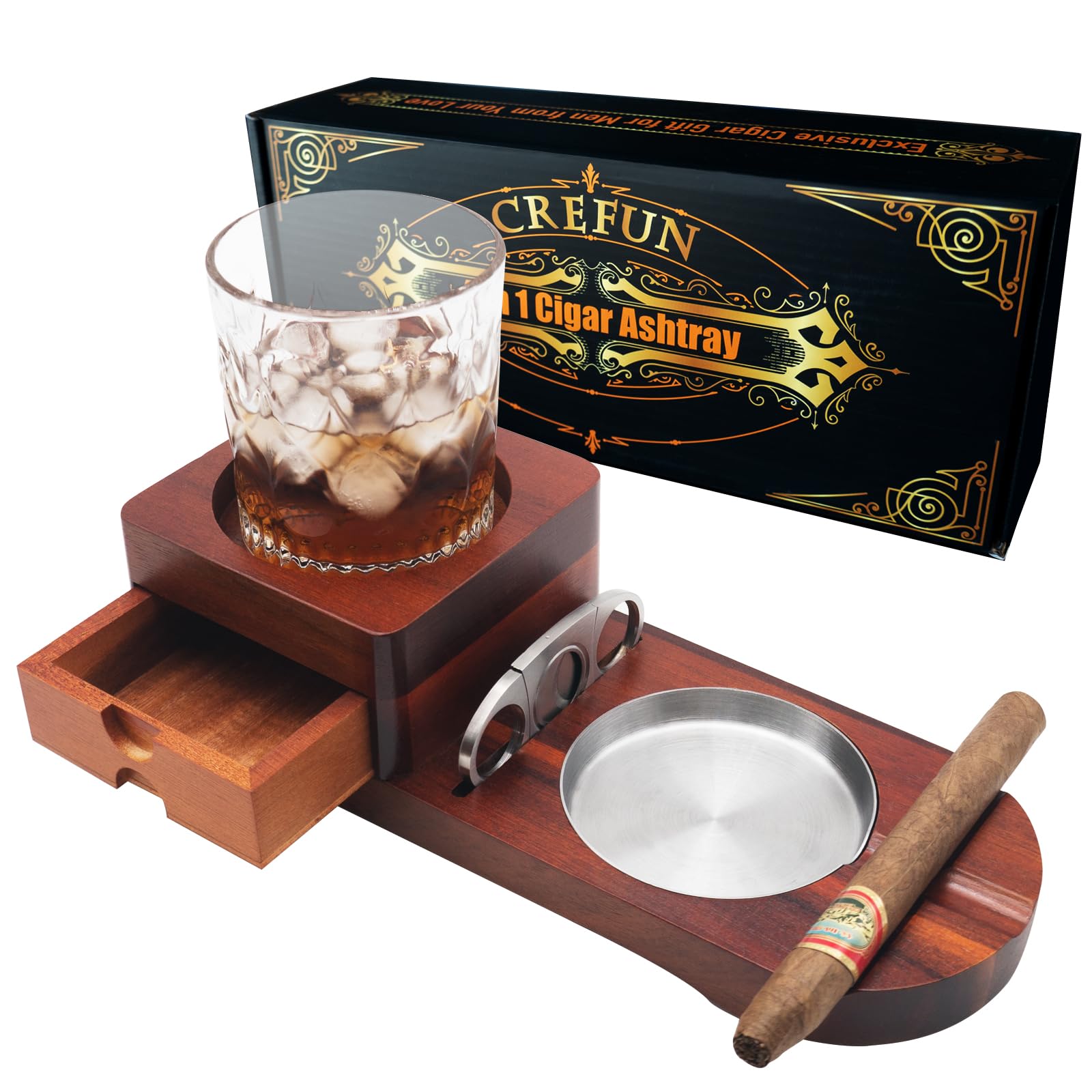 Wooden Cigar Ashtray Whiskey Coaster – Crefun CK2631 Cigar Accessories for Men Whiskey Accessories Cigar Gift Set, Décor for Home Office, with Detachable Ashtray Drawer Cigar Cutter and 2 Cigar Holder