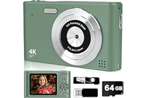 BEARBISU Digital Camera, 44MP Full HD 1080P Point and Shoot Camera with 64GB Card, Anti Shake 16X Zoom Compact Volg Cameras, Portable Small Camara Gift for Kids, Ages Teen Girl Boy - Green