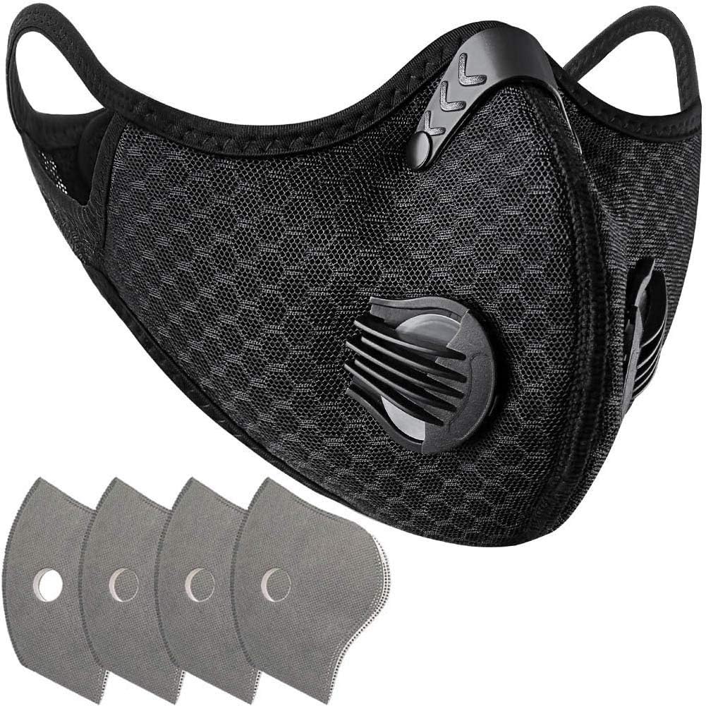 Dust Mask - Activated Carbon Dust Proof Pollution Respirator (4 n99 filter replacement + 2 Valves) for Exhaust Gas Anti Pollen Allergy PM2.5 Running Cycling Outdoor Activities (Black)