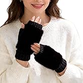 ITODA Women Faux Fur Fingerless Gloves Winter Knitted Half Finger Gloves Fuzzy Warm Mittens for Cold Weather Writing