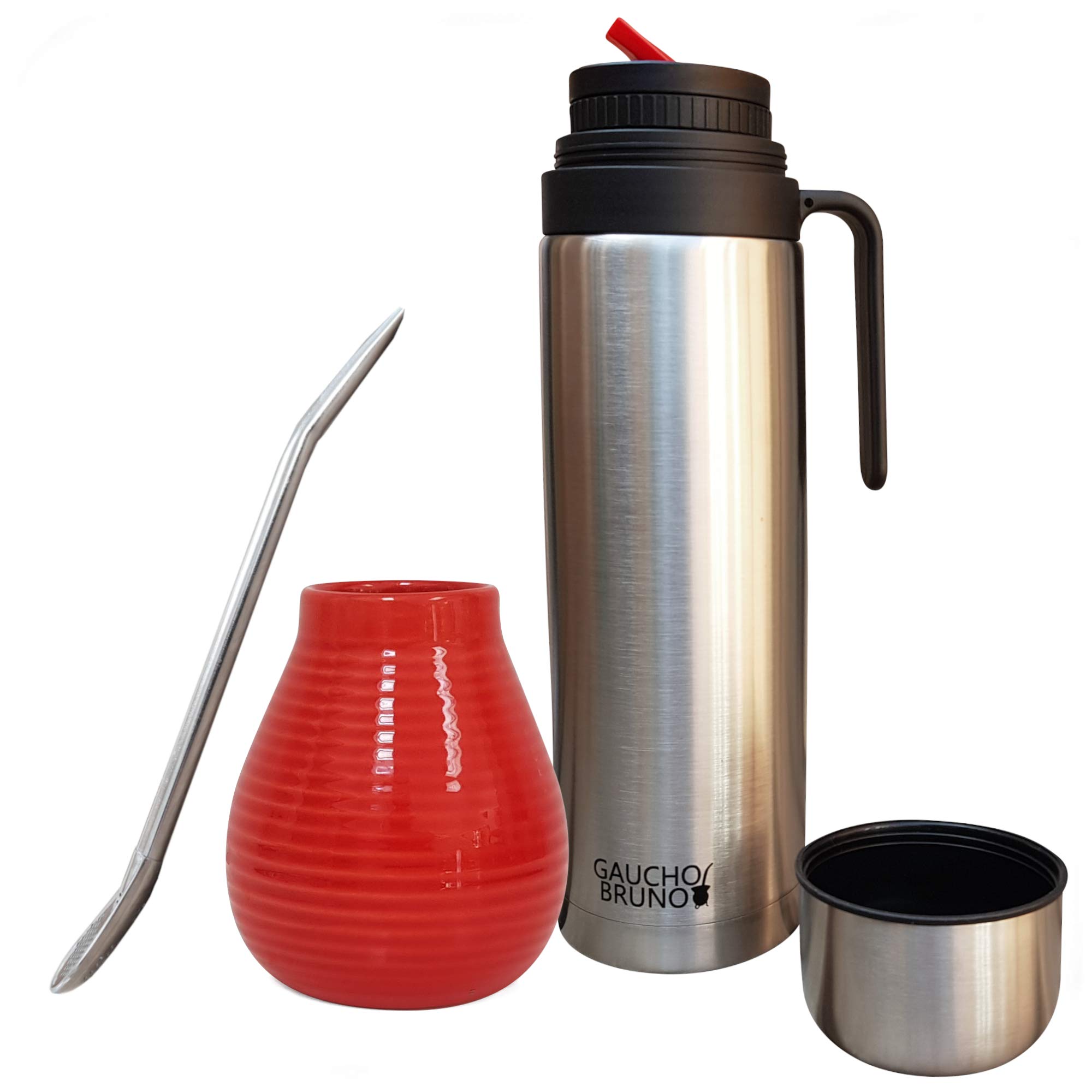 Gaucho Bruno Yerba Mate Cup, Straw, Flask Set - Ceramic Gourd Mug, Stainless Steel Bombilla Drinking Straws and 1 Litre Flask with Red Pouring Spout - Reusable Home and Travel Drinks Kit - Red