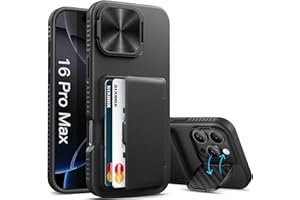 SIXBOX for iPhone 16 Pro Max Case with Card Holder & Kickstand & Camera Cover, Full Body Protective Silicone Edge Multifunctional Wallet Stand Phone Cover Case for iPhone 16 Pro Max, Black