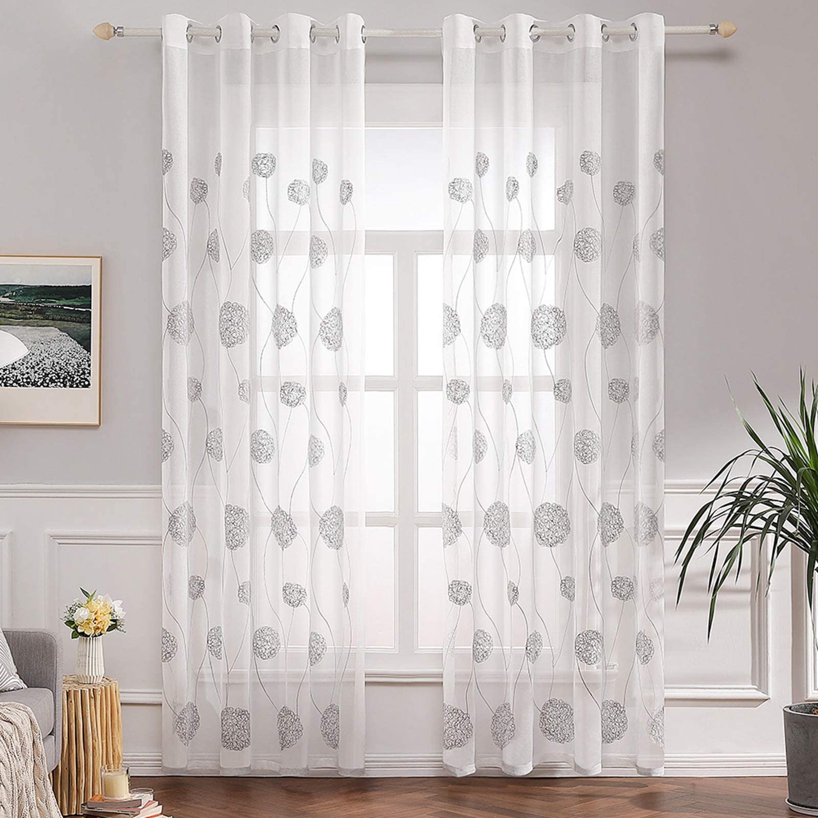MIULEE Embroidery Sheer Curtains Flora Design Grommet Window Curtain Semi Voile Drapes Panels with Eyelets Window Treatments for Living Room Bedroom 2 Panels 55" W x 85" L Grey