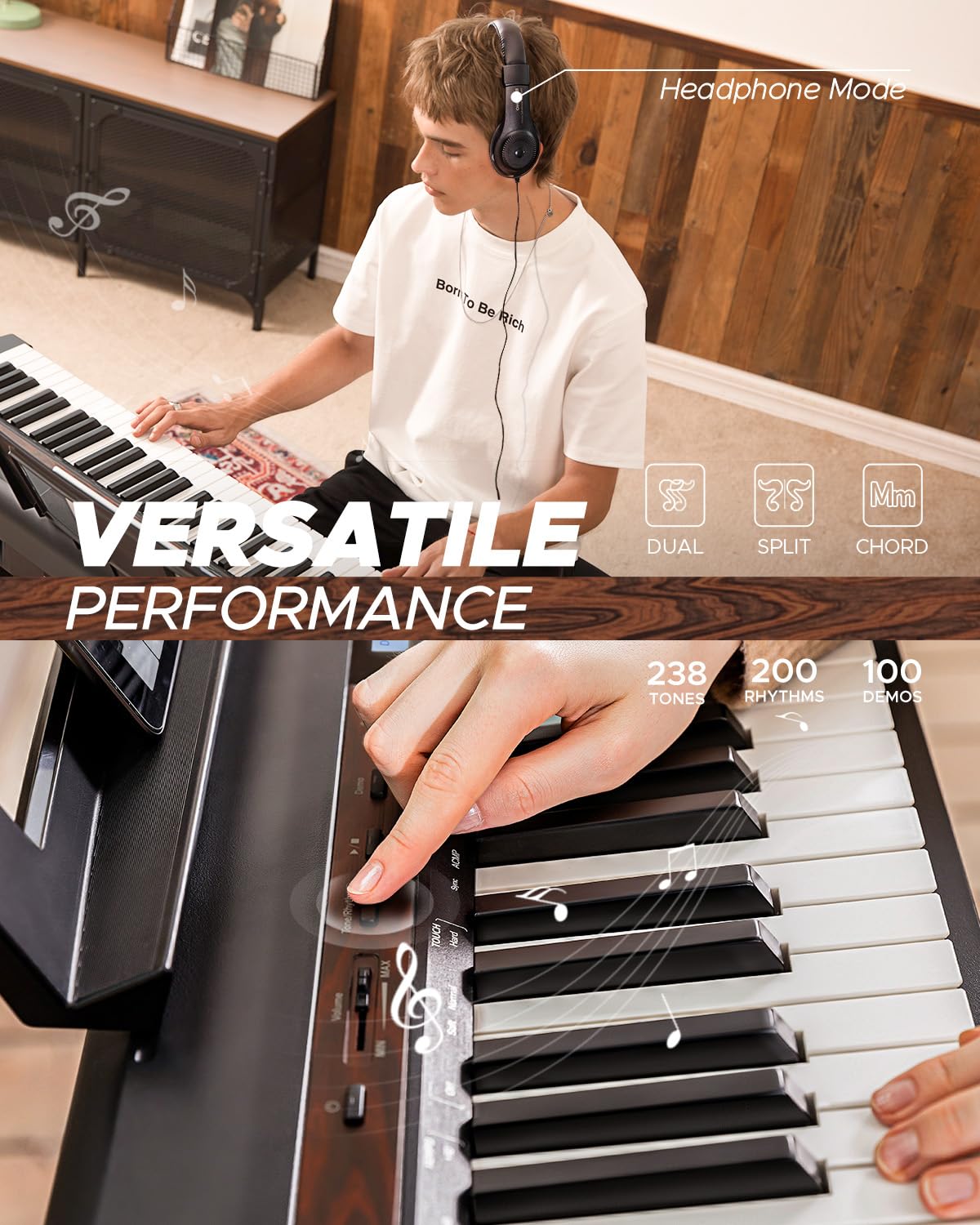 Starfavor SP-150W Digital Piano,88 Key Weighted Keyboard with Hammer Action,2x30W Speakers,200 Rhythms,238 Tones, Electric Piano Keyboard 88 Keys with Single Pedal, Wood Grain Pattern, MIDI/USB